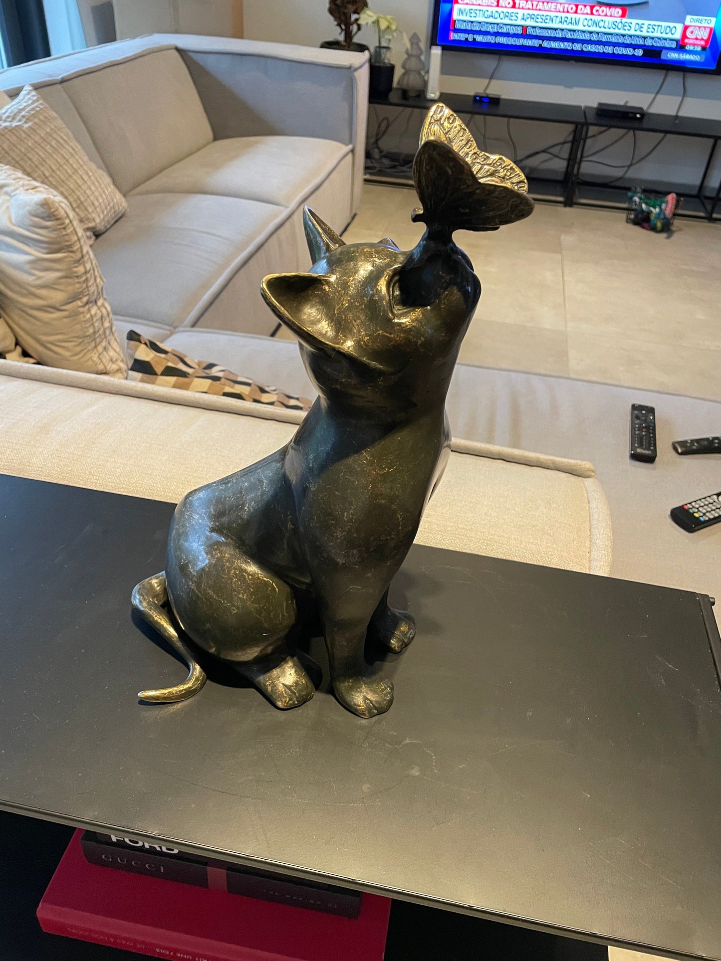 Cat with Butterfly – Bronze Sculpture. 25x16x38cm
