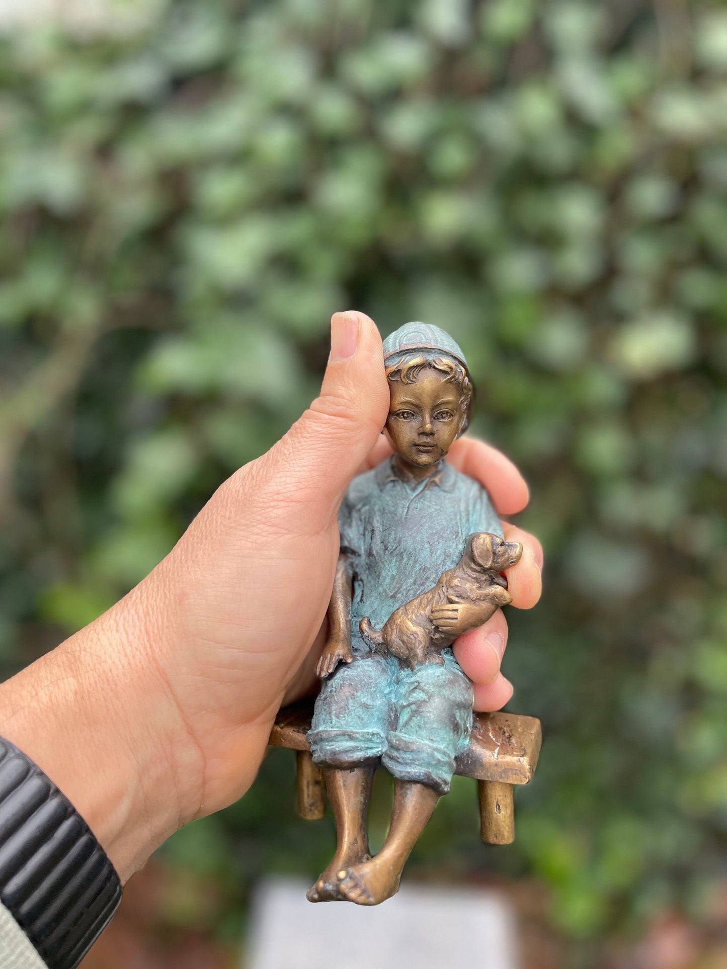 Boy with Puppy – Bronze Sculpture. 8x8x15cm