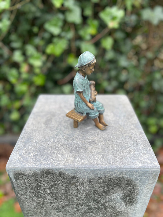 Boy with Puppy – Bronze Sculpture. 8x8x15cm