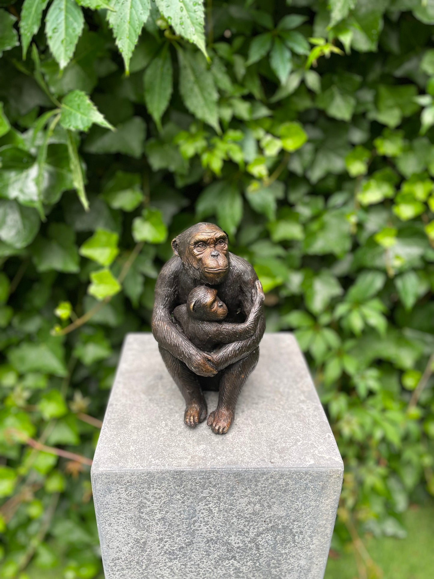 Macaco de bronze com bebê - chimpanzé - 17x8x9cm