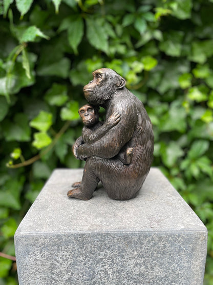 Macaco de bronze com bebê - chimpanzé - 17x8x9cm