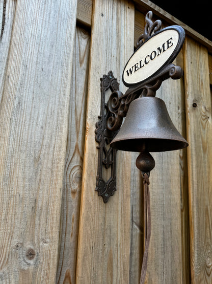 Sino em ferro fundido com o texto WECOME - Campainha de porta - Sino de parede - Sino antigo - 14 ø - 39,4 cm de comprimento - 5,5 Kg