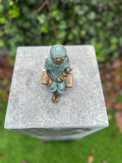 Boy with Puppy – Bronze Sculpture. 8x8x15cm