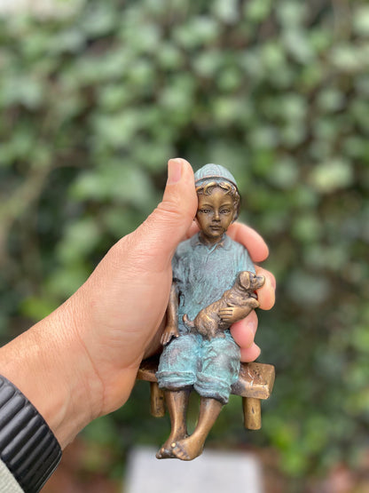 Boy with Puppy – Bronze Sculpture. 8x8x15cm