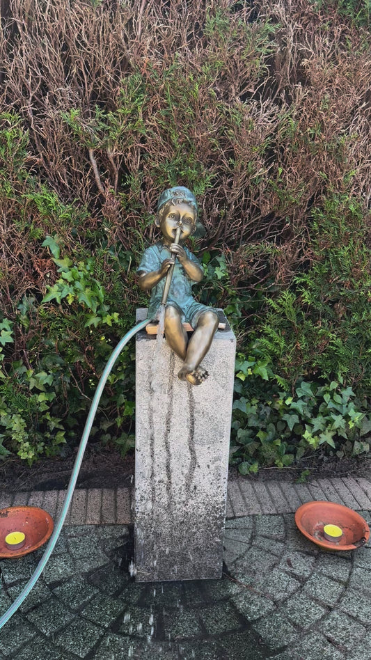 Boy with Water Flute – Bronze Sculpture. 25x18x49cm - 5.9Kg